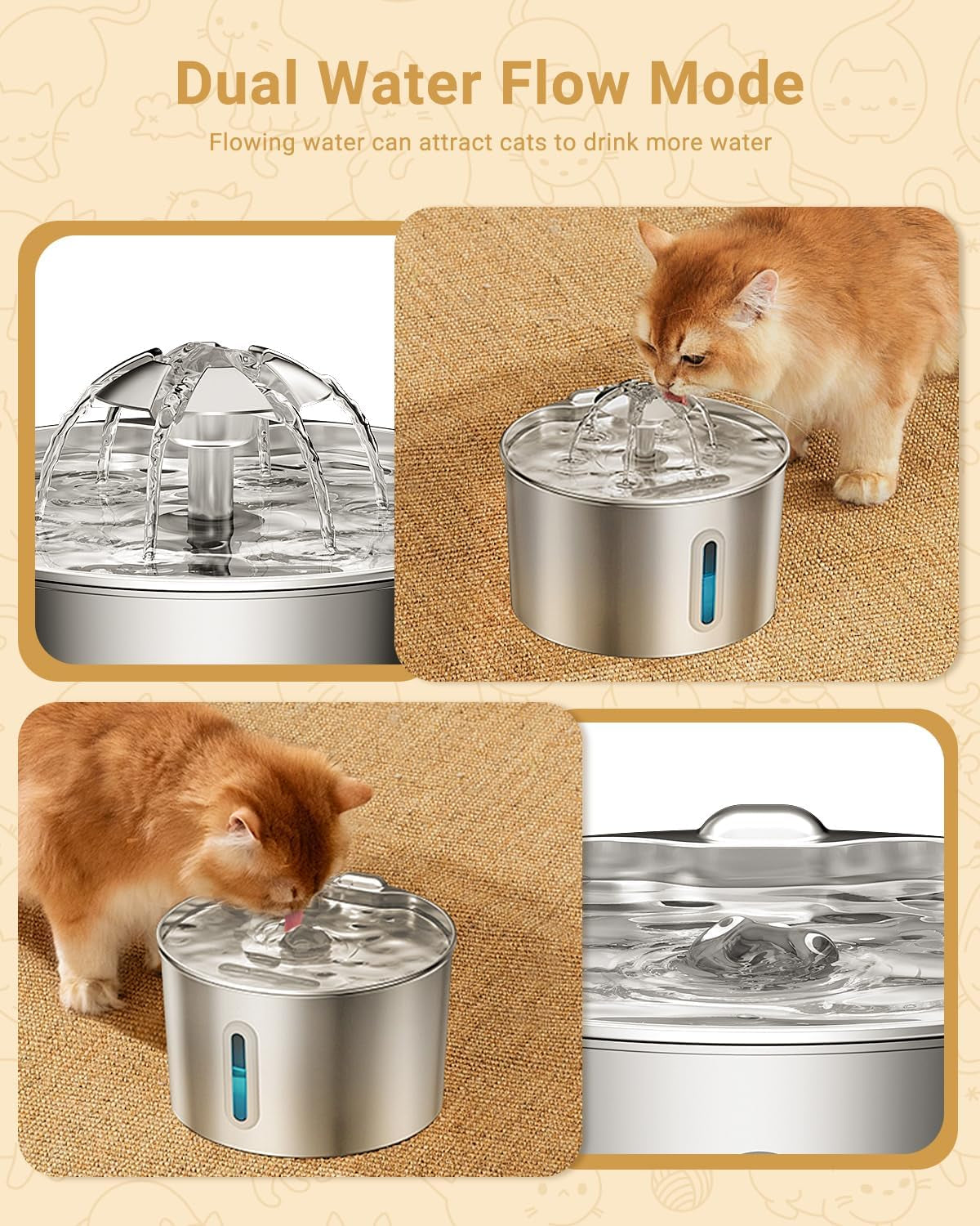 Cat Water Fountain Stainless Steel - 74Oz/2.2L Automatic Large Pet Watering Bowl Dispenser for Indoor Cats - Drinking Fountains with 6 Filter, Gifts for Dogs and Kitty - Dog Waterer Bowls No Spill