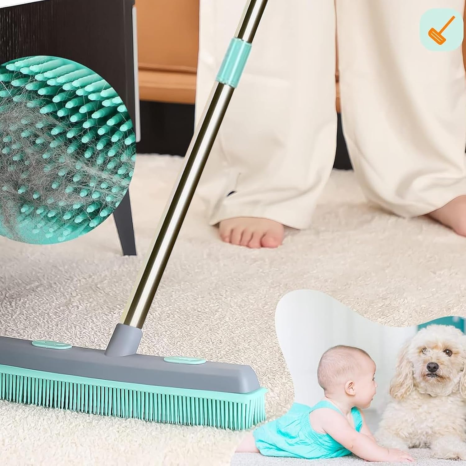 Pet Carpet Hair Rubber Broom with 49Inch Long Handle, Portable Detailing Lint Remover, Soft Push Broom for Fluff Carpet, Hardwood, Tile, Window