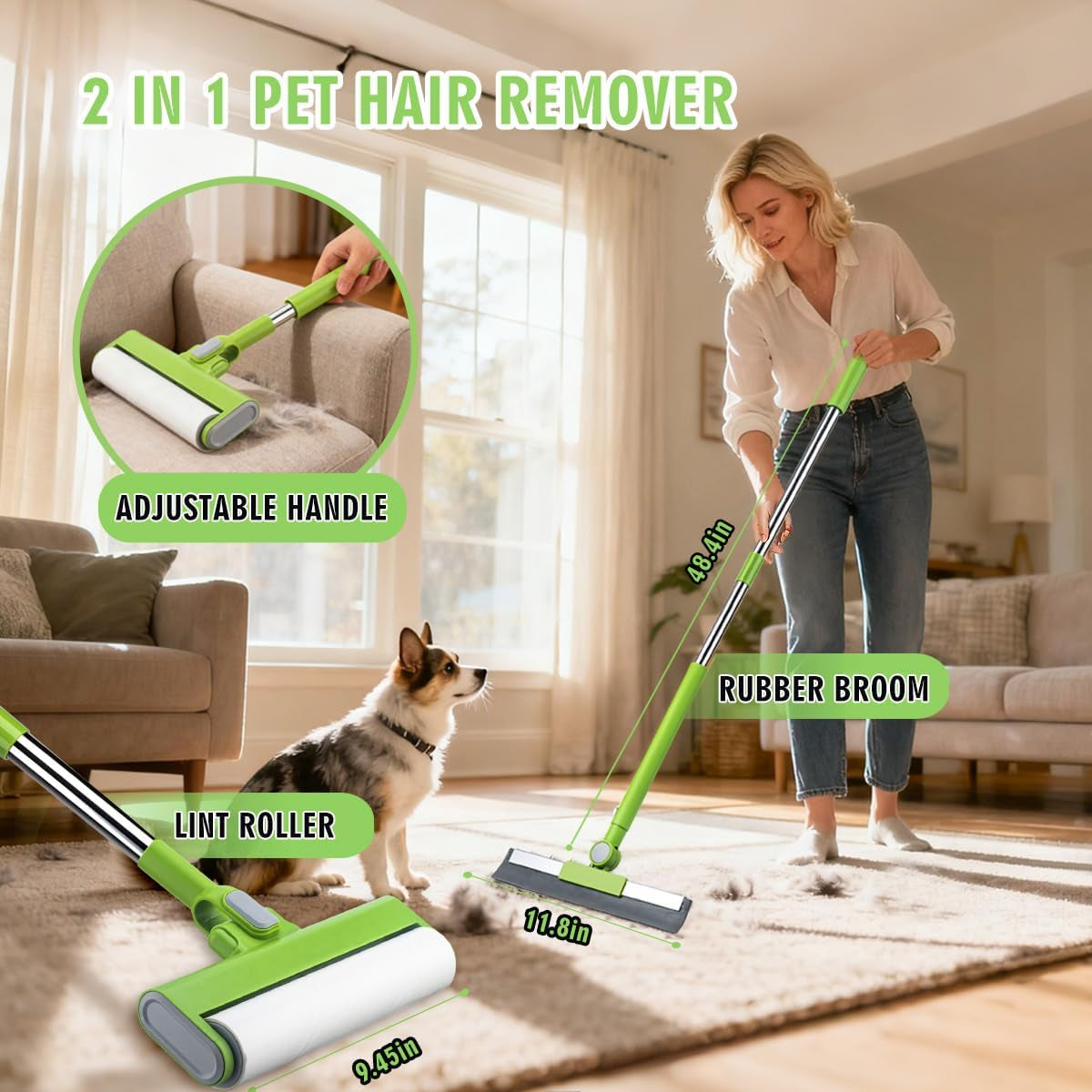Pet Hair Remover Kit - Including Carpet Rake & Large Lint Roller, 2 in 1 Pet Hair Removal Tool Cat Dog Fur Rakes Scraper Carpet Broom for Carpets, Rugs, Mats, Pet Beds