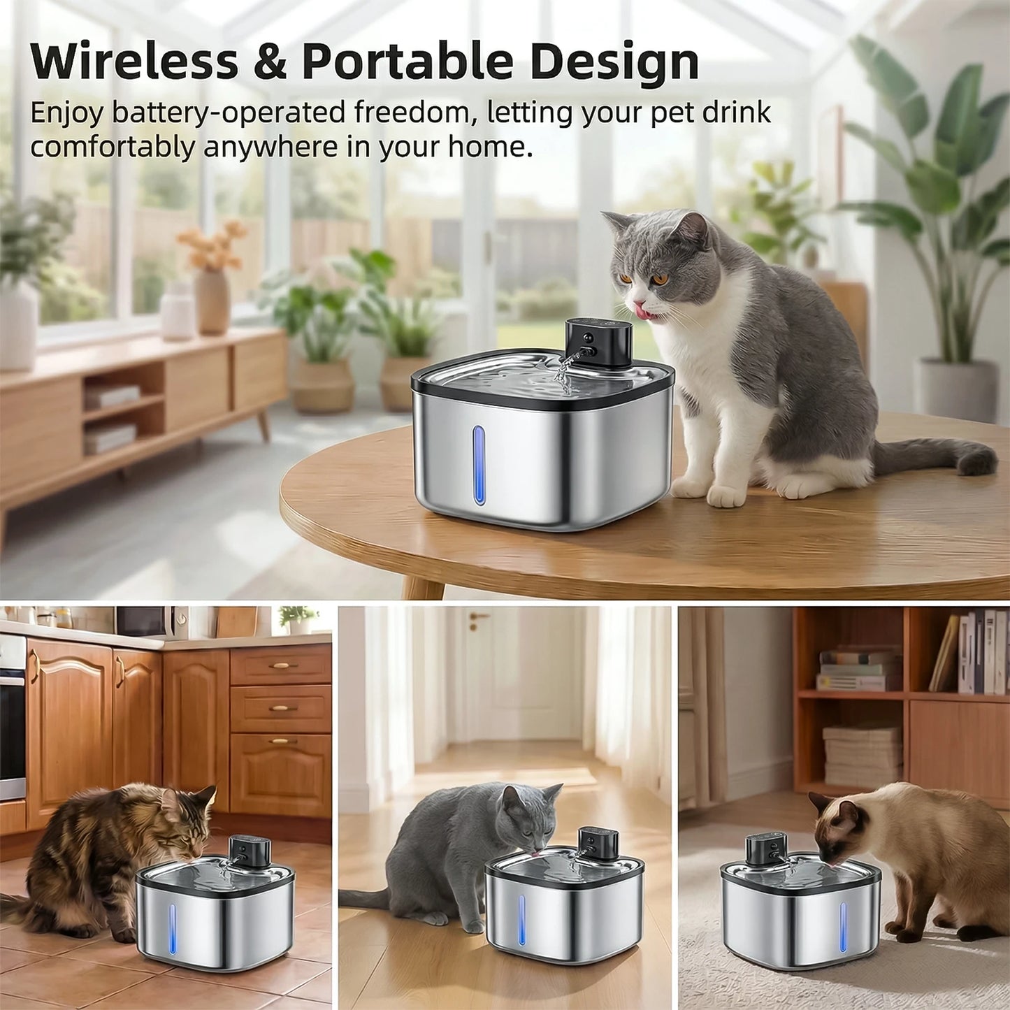 3.5L Cat Water Dispenser Stainless Steel Wireless Smart Pet Water Feeder 4000Mah Rechargeable with Window Cat Water Fountain
