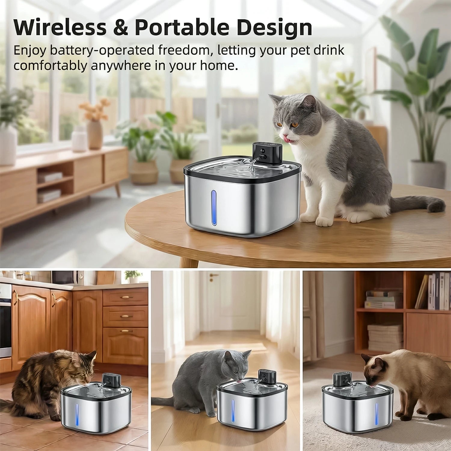 3.5L Cat Water Dispenser Stainless Steel Wireless Smart Pet Water Feeder 4000Mah Rechargeable with Window Cat Water Fountain