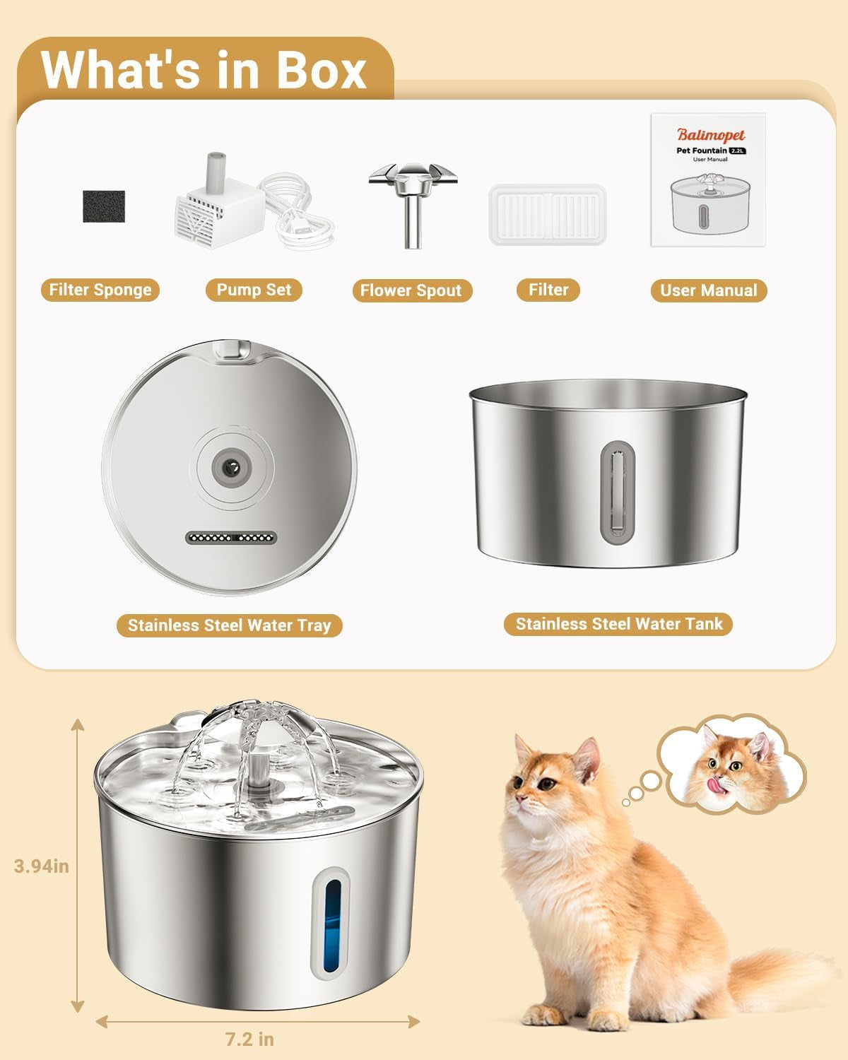 Cat Water Fountain Stainless Steel - 74Oz/2.2L Automatic Large Pet Watering Bowl Dispenser for Indoor Cats - Drinking Fountains with 6 Filter, Gifts for Dogs and Kitty - Dog Waterer Bowls No Spill