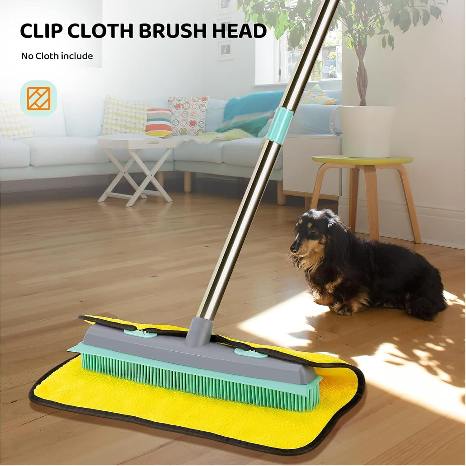 Pet Carpet Hair Rubber Broom with 49Inch Long Handle, Portable Detailing Lint Remover, Soft Push Broom for Fluff Carpet, Hardwood, Tile, Window
